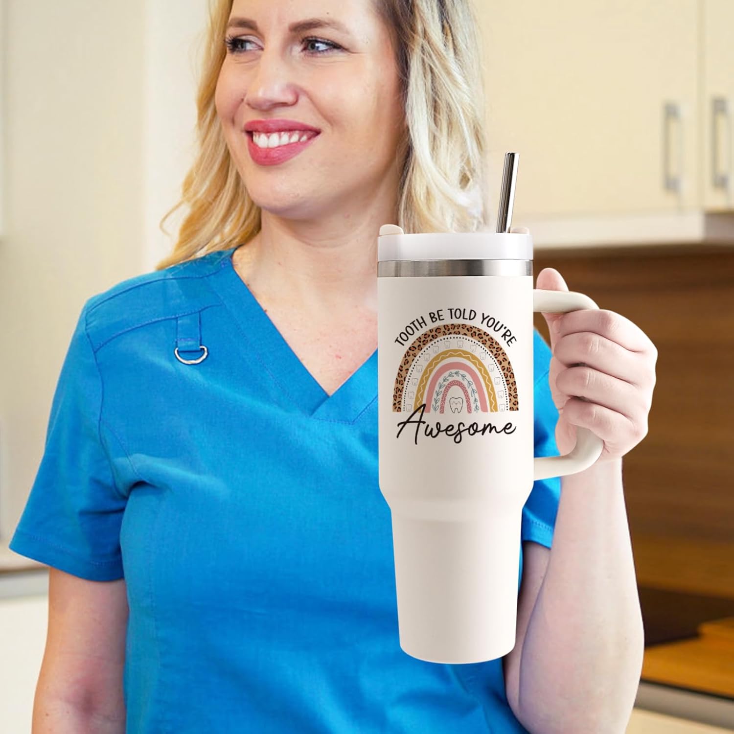 Qtencas Dental Assistant Appreciation Gifts, Tooth Be Told You Are Awsome 40oz Tumbler with Keychain, Socks, Badge Reel, Make Up Bag and Stickers, Dental Assistant Gifts for Coworkers, Creamy - Image 8