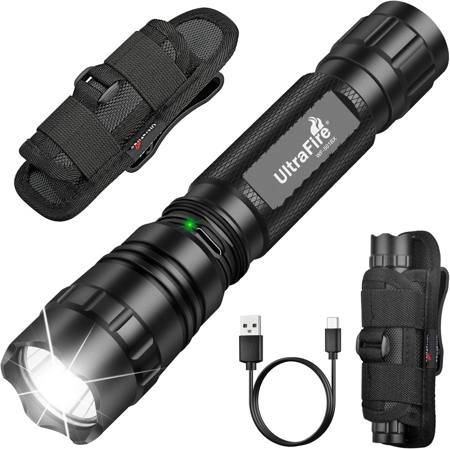 - Tactical Flashlight with Holster for Duty Belt, 1000 High Lumen Police Flashlight with Belt Holster, Rechargeable Law Enforcement Flashlight, 3 Modes Security Flashlights WF-501BX