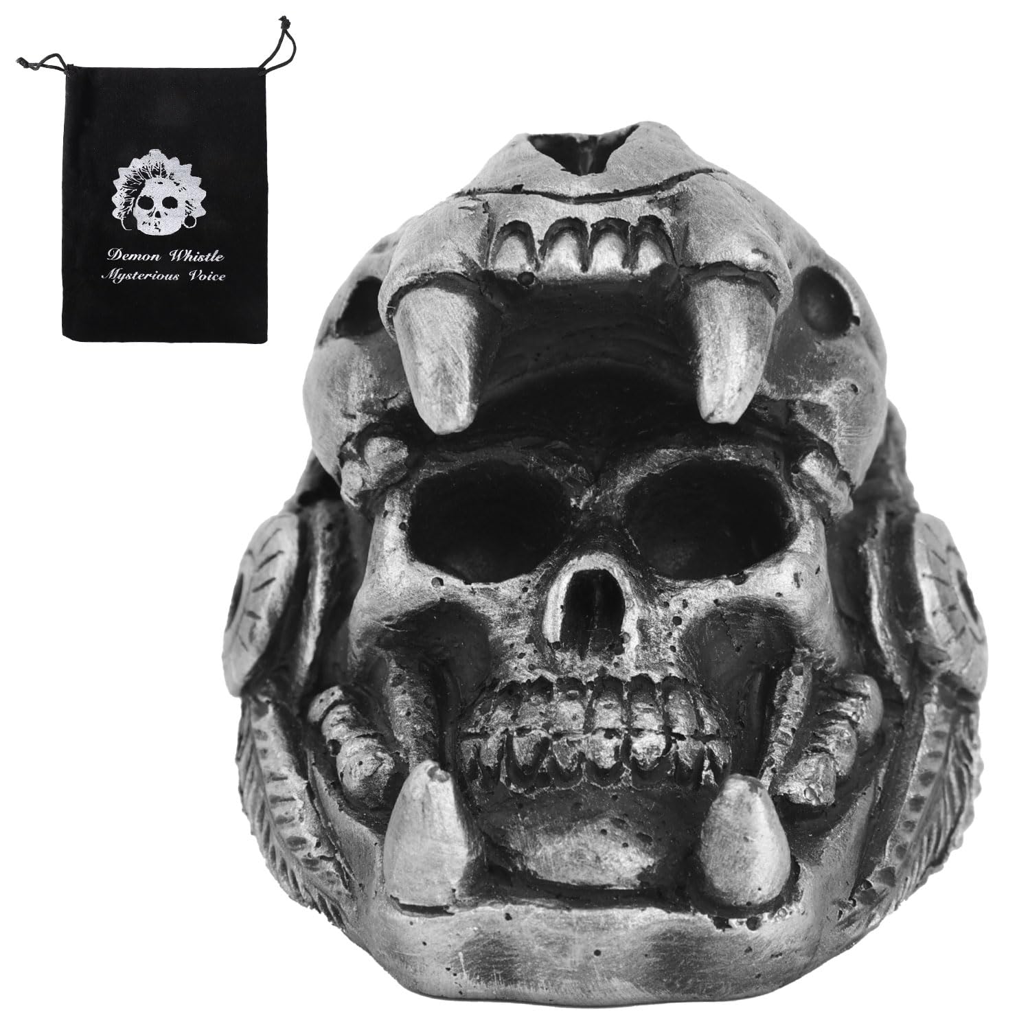Fischietto Della Morte Azteco, Design Teschio di Quetzalcoatl Oltre 125 Decibel il Più Forte Autentico Suono Umano Fischietti da Guerra con Borsa con Coulisse Regali da Collezione (Argento)