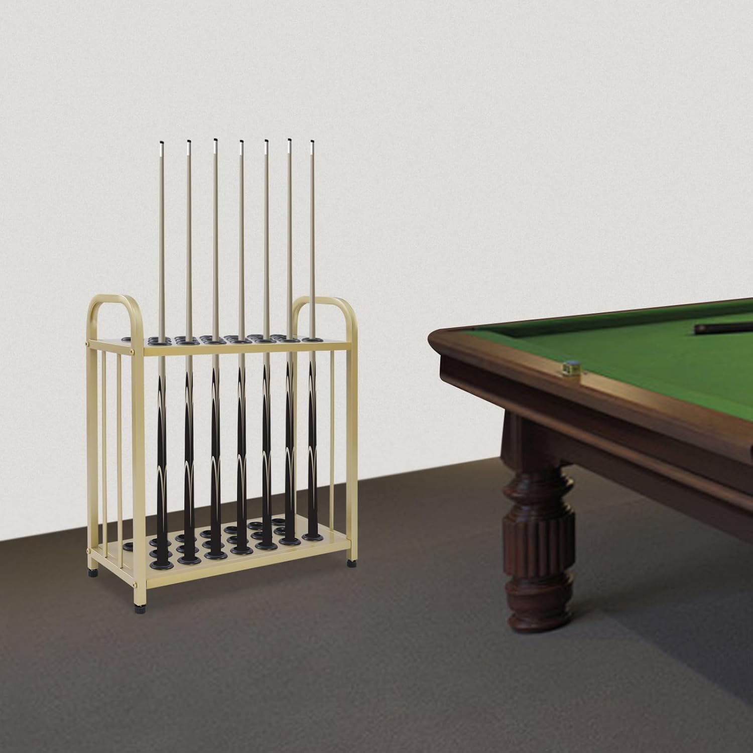 20-Hole Pool Cue Holder Carbon Steel Pool Cue Rack Gold Cue Stick Holder Pool Stick Holder Floor Stand with Adjustable Feet Pool Cue Stand