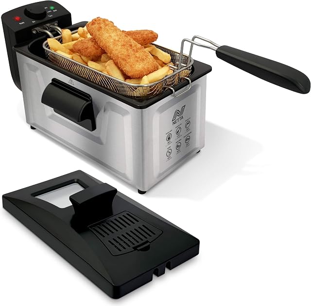 NETTA 3L Deep Fat Fryer with a Viewing Window, 700g Capacity, Temperature Control, Non-Slip Feet, Easy Clean, Powerful 1800 Watts, Stainless Steel and Black