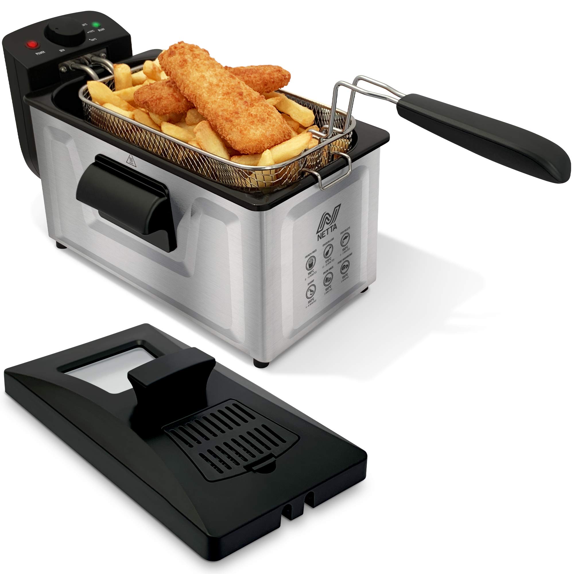 NETTA3L Deep Fat Fryer with a Viewing Window, 700g Capacity, Temperature Control, Non-Slip Feet, Easy Clean, Powerful 1800 Watts, Stainless Steel and Black