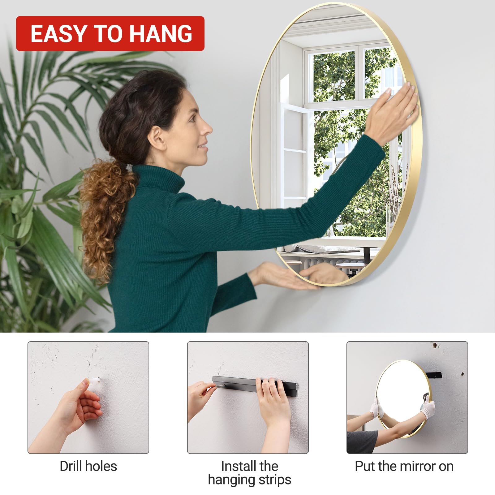 Miroir rond, Ø 50 cm, cadre en alliage d'aluminium, moderne, incassable, miroir mural pour couloir, salon, salle de bain ou vestiaire chambre à coucher - Doré
