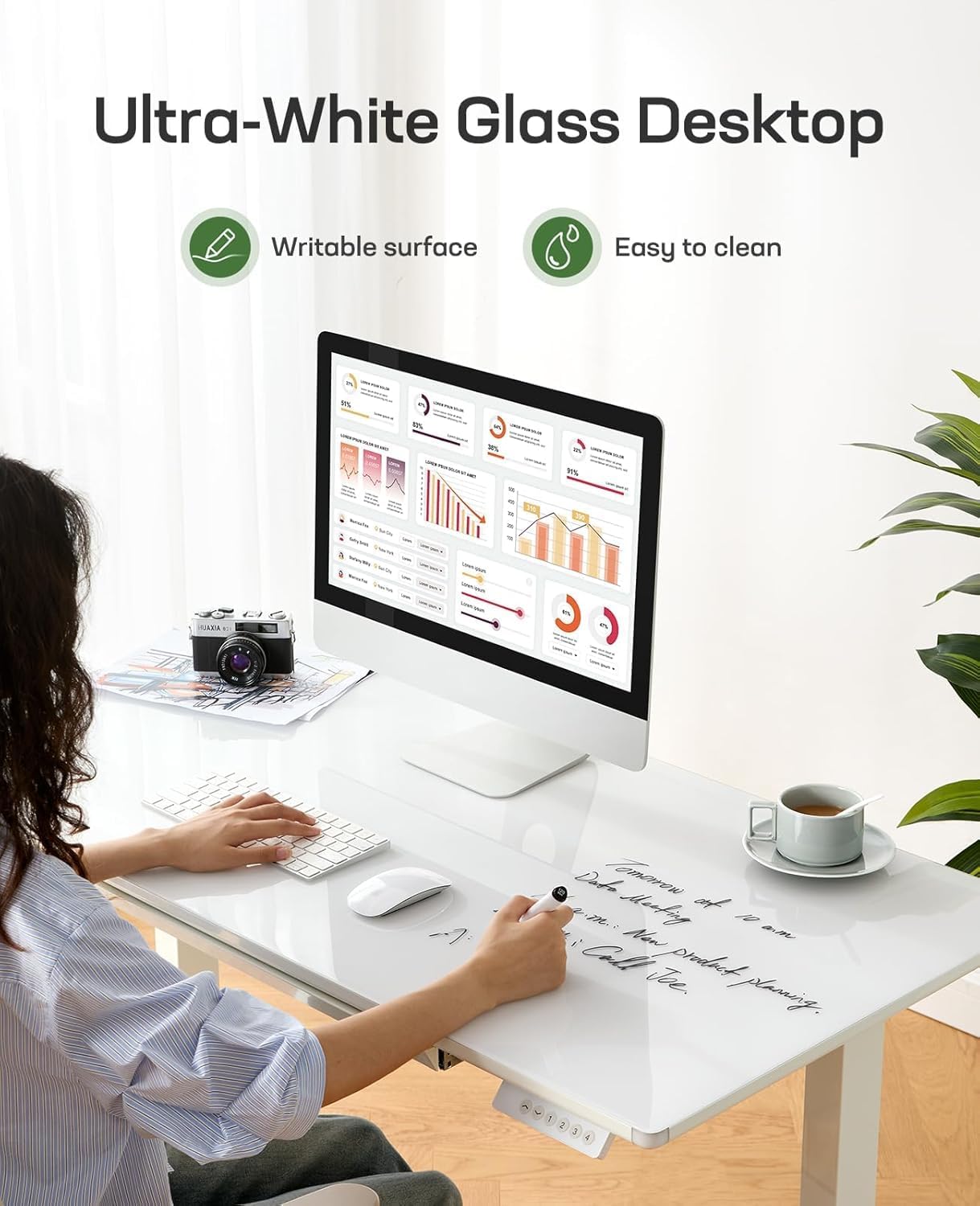 Marsail Glass Electric Standing Desk with Drawer, 37 x 22 Inches Height-Adjustable Desk, One-Piece Tempered Glass Top, Ergonomic Home Office Sit Stand Desk with 4 Preset Heights, White