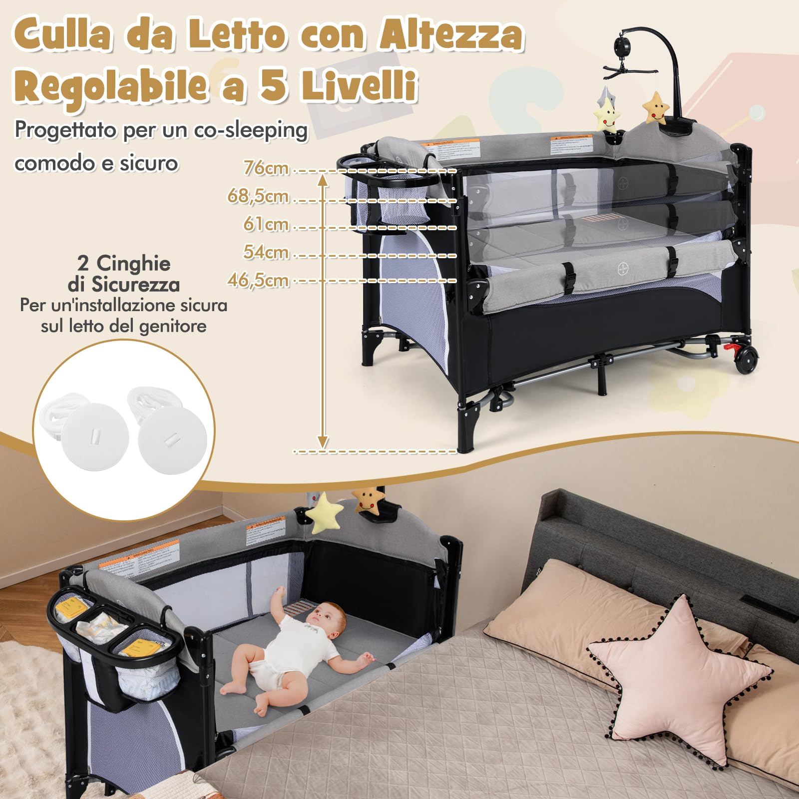 RELAX4LIFE 5 en 1 Cuna Bebé con 5 Alturas Ajustables, Cambiador, Colchón, Caja Música, Juguetes Colgantes y Bolsa de Transporte, Cuna de Viaje con 2 Ruedas Bloqueables para Bebés 0-3 Años (Gris)