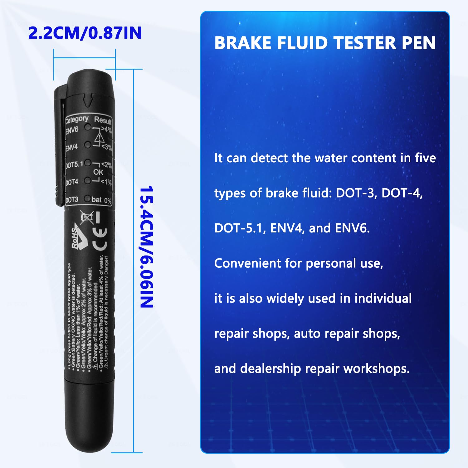 ZKTOOL Universale Tester Liquido Freni DOT3 DOT4 DOT5 ENV4 ENV6 Penna Test Qualità Olio Freni 5 LED Igrometro