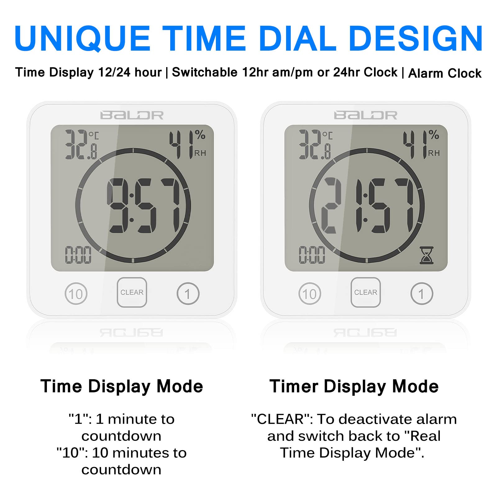 ONEVER Orologio da Bagno,Lgrometro Termometro Digitale,Monitor Umidità da Interno,Stazione Meteo con Espressione Facciale per Stanza da Bambino LCD Touch Control Timer Allarme per Cucina Bagno