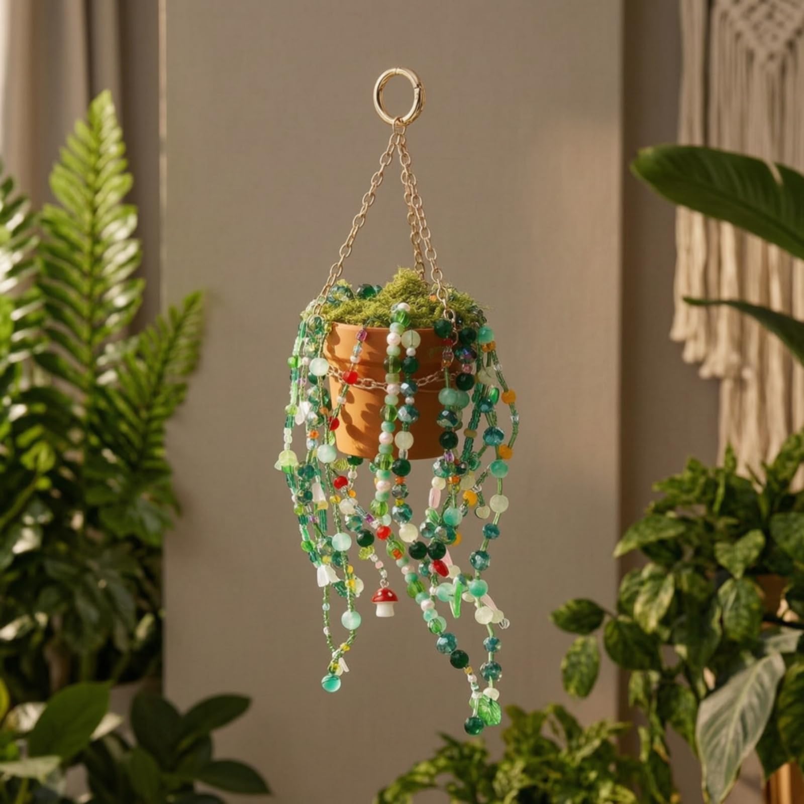 Macetero Colgante con Jardín Colgante Maceta Colgante Adorno Colgante con Cadena Metálica Seguro Materiales de Vidrio Esmalte Bambú y Metal Adecuado, Bamboo Woven Pot
