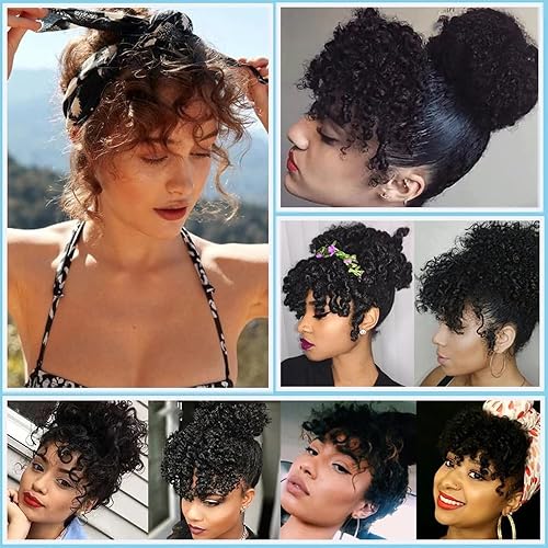 Miniatura 2 de Extensión de cola de caballo con cordón corto negro Afro Puff Kinky Curly Bangs Clip corto para mujeres peluca pieza