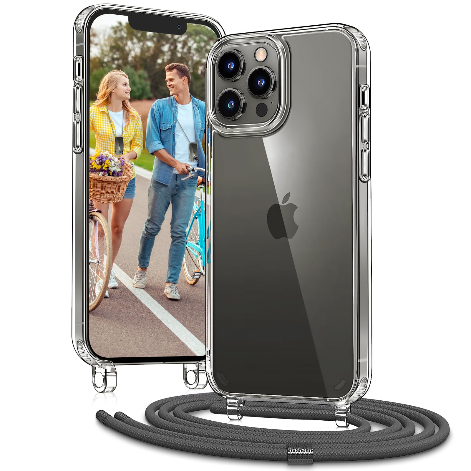 Vaykwo Handykette mit Band für Apple iPhone 14 Pro Hülle - Necklace Handyhülle - Transparente Case zum Umhängen mit Kameraschutz und Bildschirmschutz - Schwarz | Necklace Handyhülle, Transparente Case zum Umhängen, Verstellbar und Abnehmbar