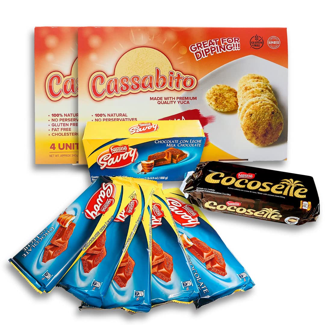 Cassabito Casabe Crackers Natural Flavor (2 Box) + Cocosette Cookie Filled with Delicious Coconut-Based Cream (4 Pack) + Milk Chocolate Bars (5 Pack/130gr) + 100% Made in Venezuela (17 Items TOTAL)