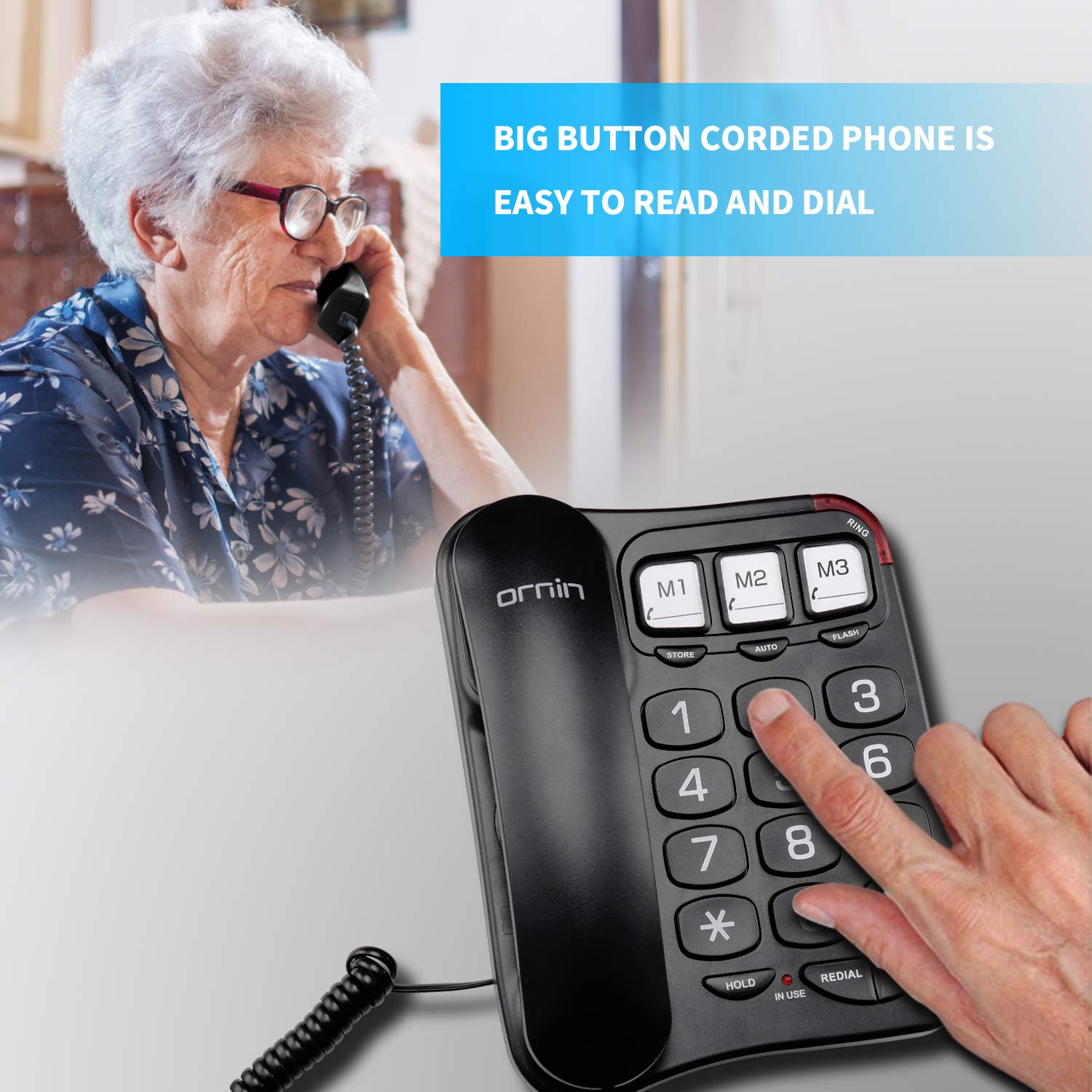 Ornin S016 Big Button Schnurgebundenes Telefon mit Lautsprecher, Hörgerät kompatibel für Senioren (Schwarz)