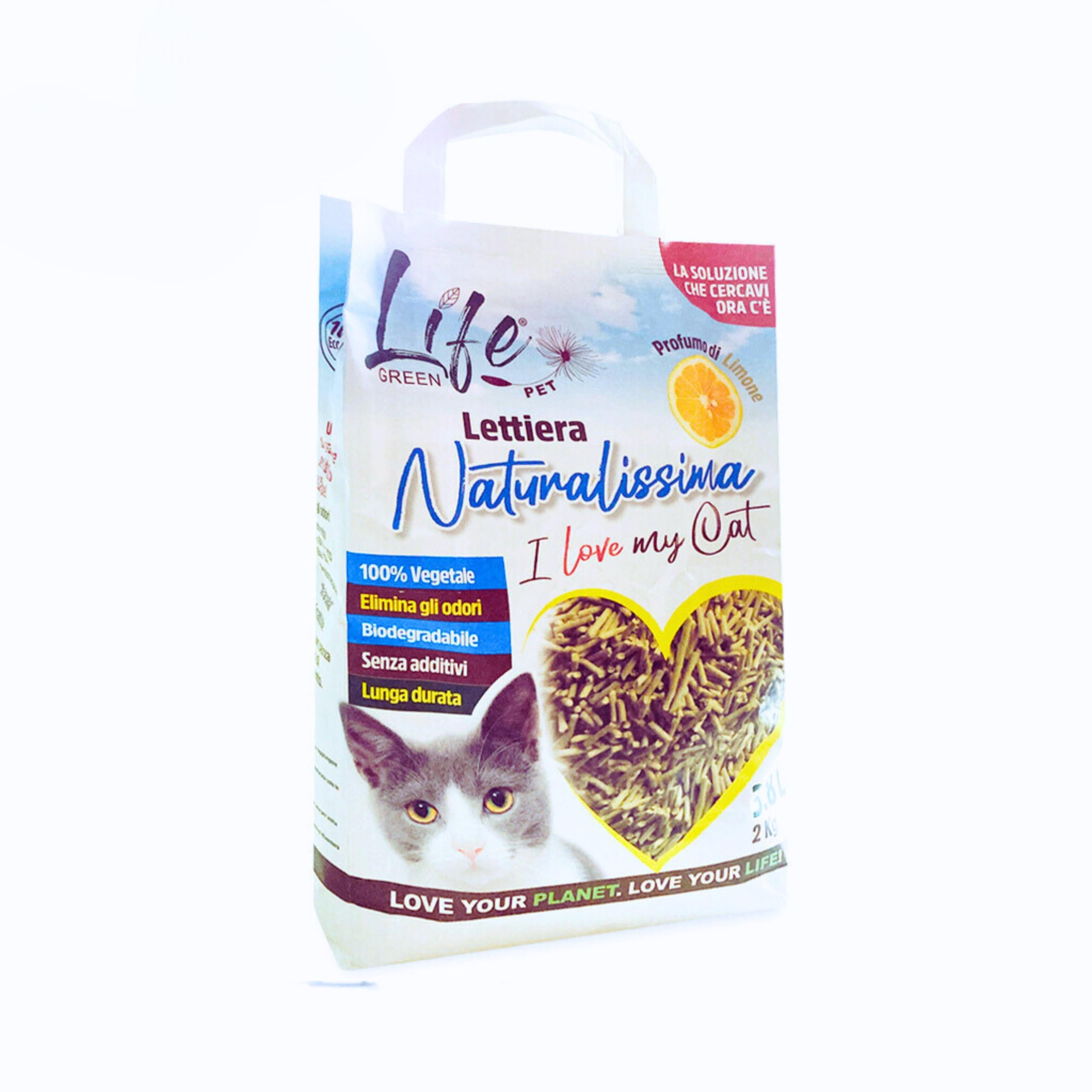 LifeGreen Lettiera Naturalissima per gatti 2 kg Limone, con Fibra di Pisello e Amido di Mais, Vegetale, Biodegradabile, Agglomerante 3.8L, Elimina odori