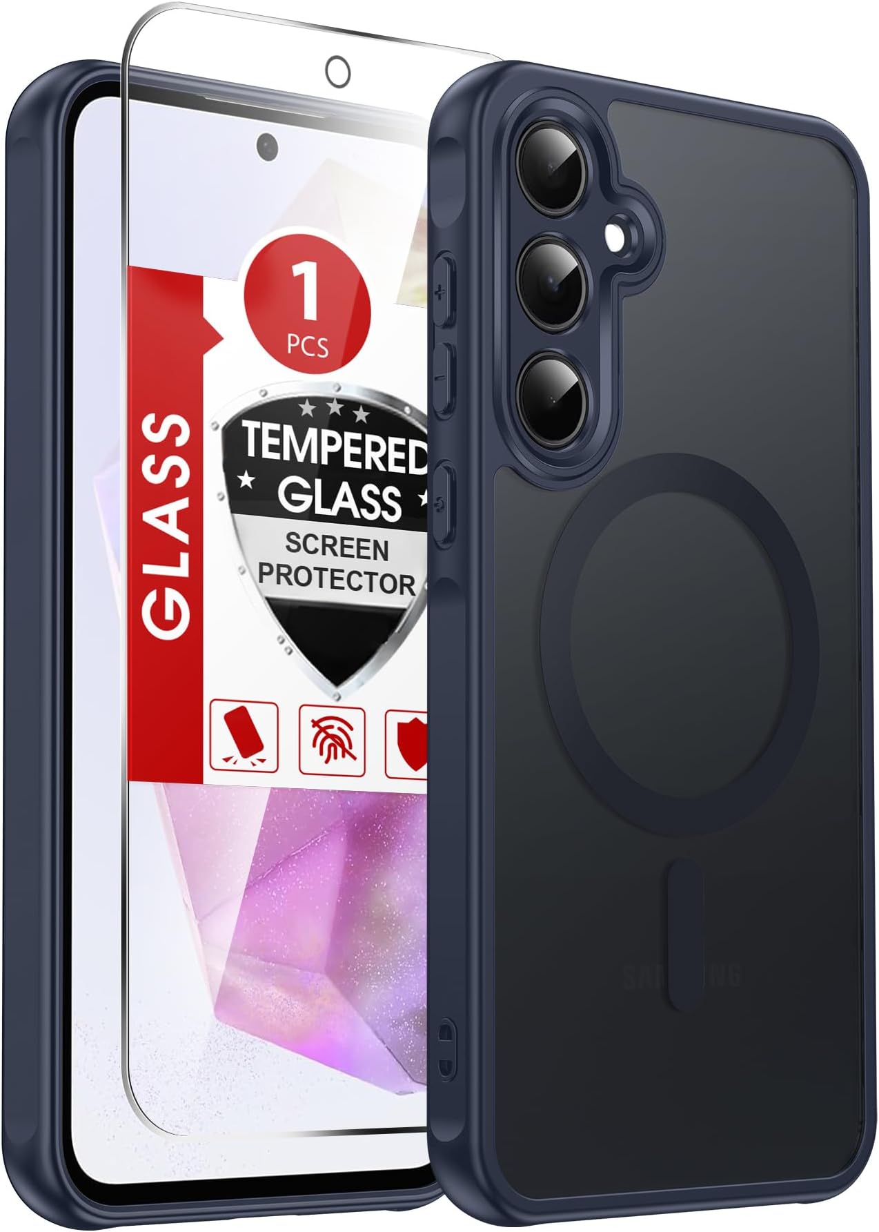 LeYi Compatible for Samsung Galaxy A35-5G Phone Case: Samsung A35 5G Case [Magnet Fit] with Screen Protector, Matte Translucent Soft-Touch Skin & Full Body Protection for Cell Phone A 35 Cover, Blue