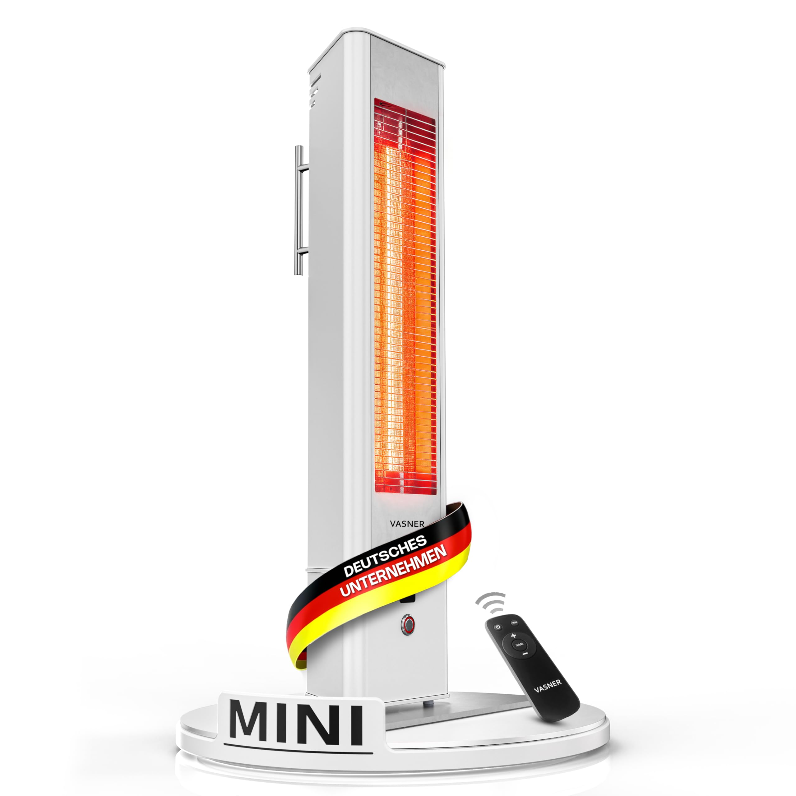 VASNER HeatTower Mini – Standheizstrahler 1500 W, Terrassenstrahler, Infrarot Heizstrahler, Elektro Terrassenheizer mit Standfuß, Fernbedienung, IP65 Outdoor Schutz (Weiß)