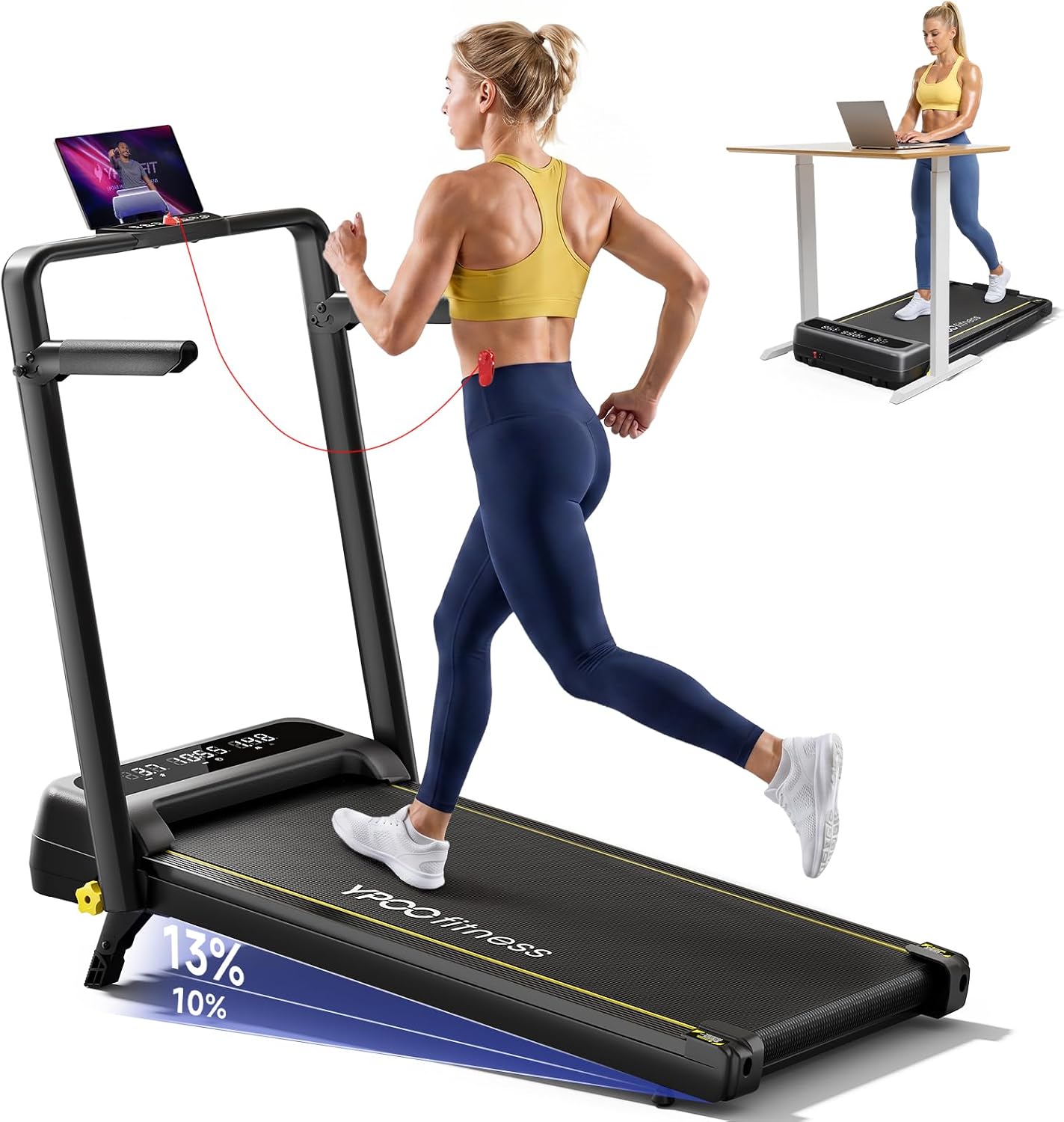YPOO Folding Walking Pad Treadmill with 13% Manual Incline and Handlebars
