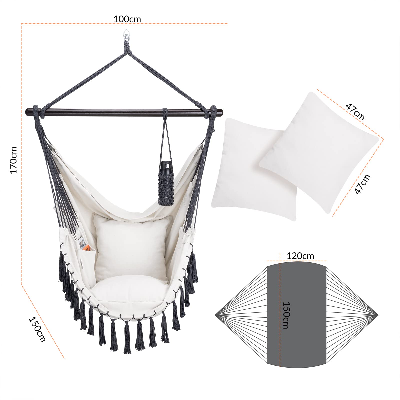 Detex Sedia Sospesa 150 kg Boho Style 2 Cuscini XL Amaca a Poltrona Portabevande Girevole 360°