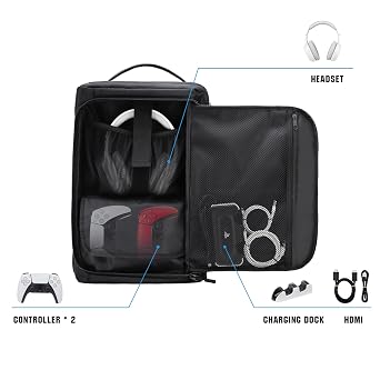 GDNasist Game Console Backpack for PS5, Protective Carrying Case Compatible with Playstation5 Console, Base, 15.6Laptop, Headset, PS5 Controller, More Game Discs, and Gaming Accessories