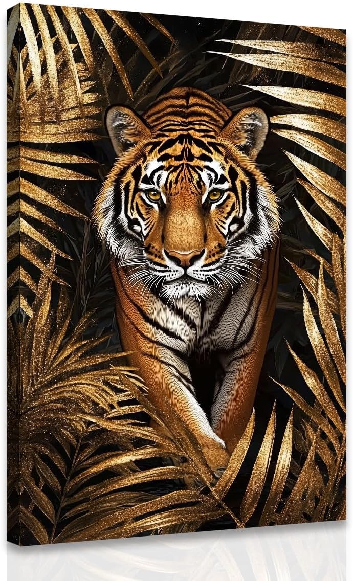 SWQYLB Leopard Wall Art Black and Gold Leopard Picture Jungle Animal Canvas Print Wildlife Painting for Bedroom Office Home Decor Framed (12" x 18")