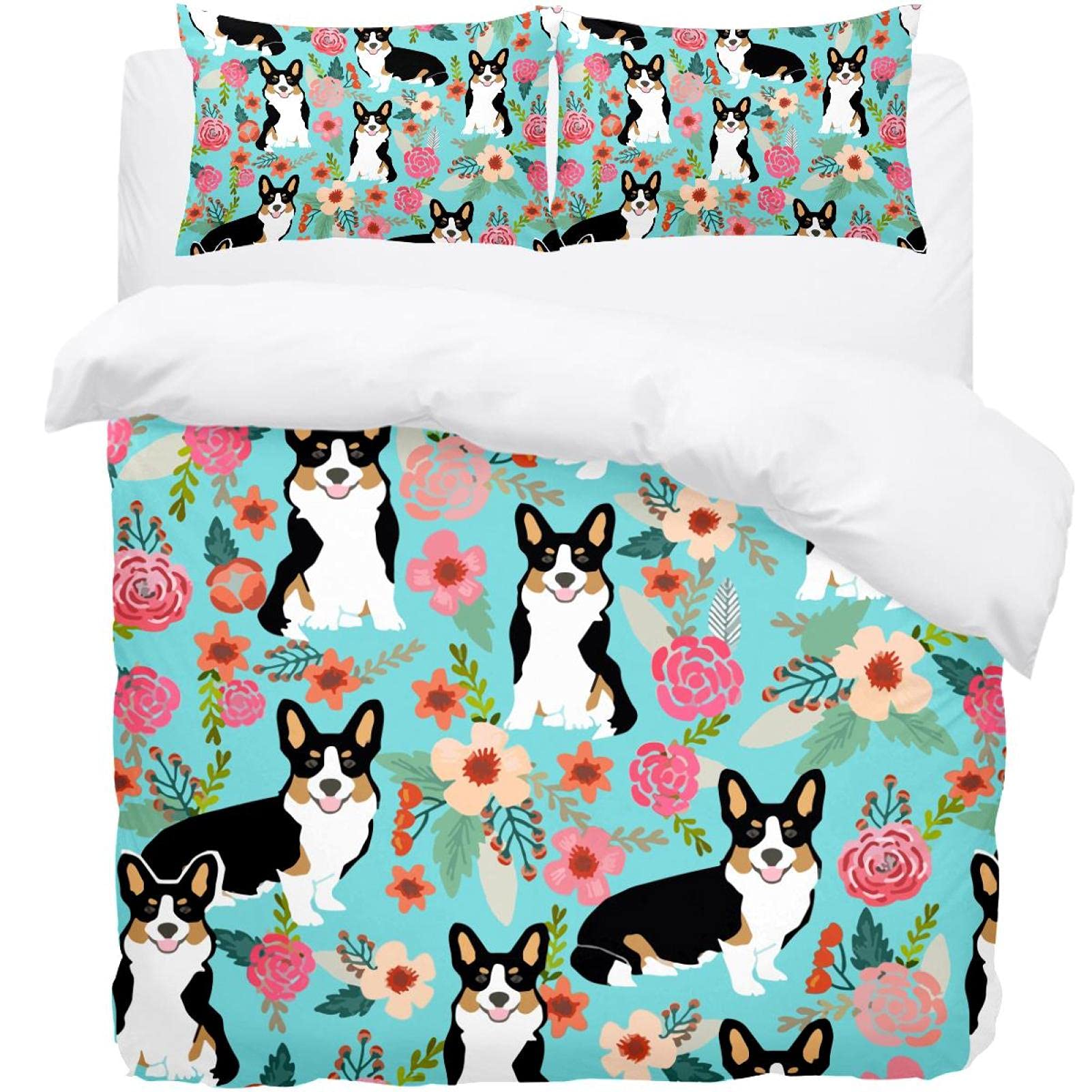 Housse de couette corgi et fleurs avec 2 taies d'oreiller pour lit double