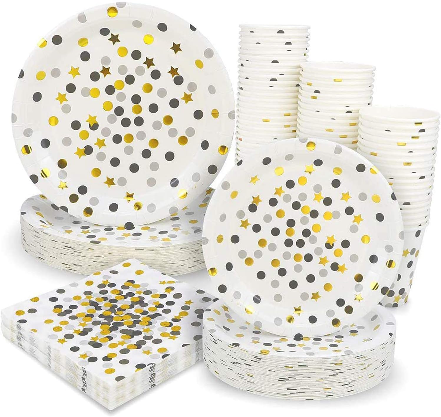 Blue and Gold Dot Party Supplies - 200PCS Disposable Blue Paper Plates Dinnerware Confetti Dots Gold Star 50 Dinner Plates 50 Dessert Plates 50 9oz Cups 50 Napkins Wedding Birthday Party Baby Shower