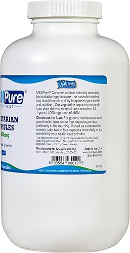 Miniatura 10 de Cápsulas vegetarianas Kala Health MSMPure 250 unidades fabricadas con cristales de azufre orgánicos suplemento MSM destilado puro del 9999 1000 mg