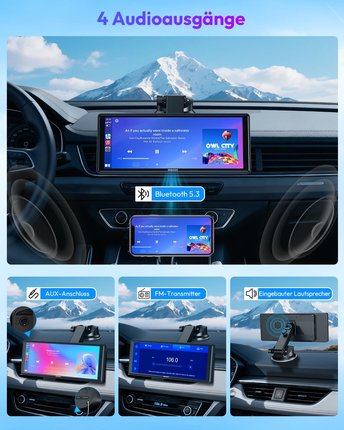 ESSGOO Carplay Android Auto Display mit Rückfahrkamera,10.26 Zoll Apple Carplay Bildschirm für Android Auto/AirPlay/Mirror Link,Wireless Touchscreen GPS Navigation,Bluetooth 5.3,AUX,FM,Sprachassistent
