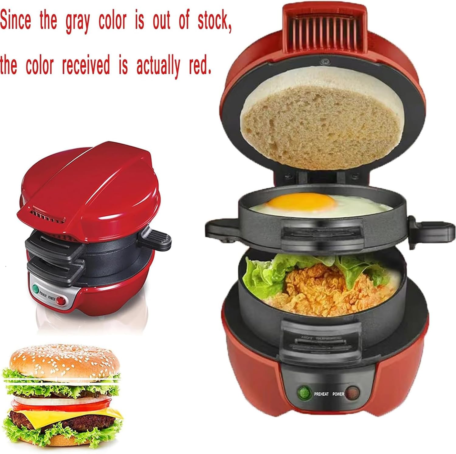 Beach Breakfast Sandwich Maker, Burger Sandwich Omelette Toaster Maker, Steel Nonstick Panini Press Sandwich Maker with Egg Cooker Ring, Spin Out Cooking Board, Indicator Light, for Home Kitchen