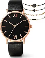 Relógio Feminino Dourado + 4 Pulseiras Analógico Com Pulseira De Couro De Luxo Elegante Importado Quartzo Preto Com Dourado