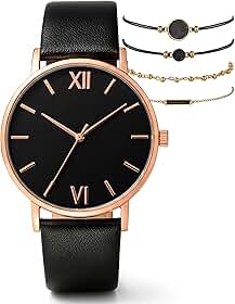 Relógio Feminino Dourado + 4 Pulseiras Analógico Com Pulseira De Couro De Luxo Elegante Importado Quartzo Preto Com Dourado