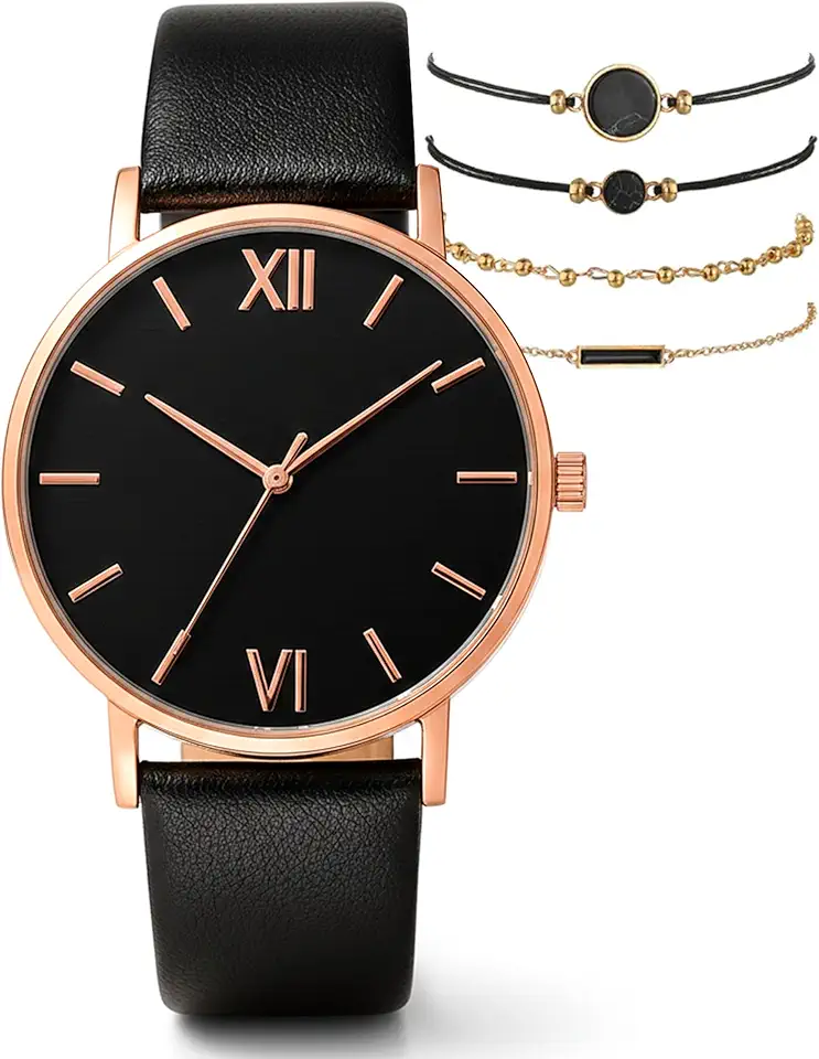 Relógio Feminino Dourado + 4 Pulseiras Analógico Com Pulseira De Couro De Luxo Elegante Importado Quartzo Preto Com Dourado