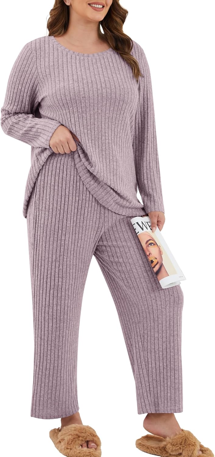 Womens Plus Size Lounge Pajamas 2 Piece Pj Sets Soft Long Sleeve Ribbed Tops Wide Leg Pants with Pockets