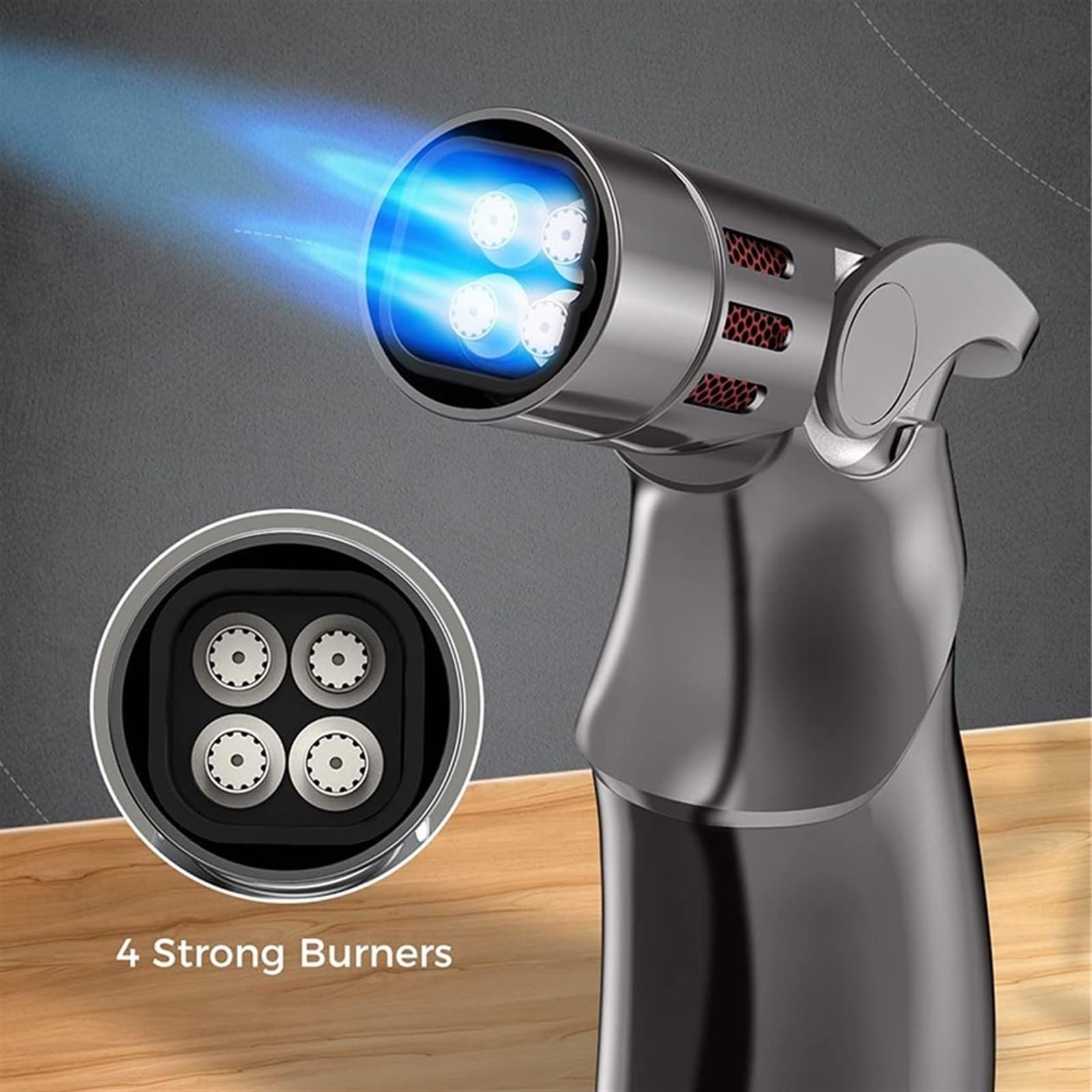4 flame windproof lighter, adjustable jet flame refillable butane fuel lighter, metal windproof butane lighter (Color : Silver)