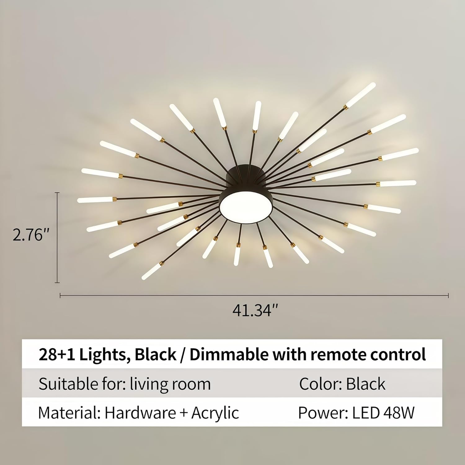 Modern Ceiling Light LED Flush Mount Ceiling Light for Living Room,Kitchen,Dining Room,Bedroom Fireworks Design Dimmable with Remote Control & Memory Function Lighting Fixture (Black,28 Light)