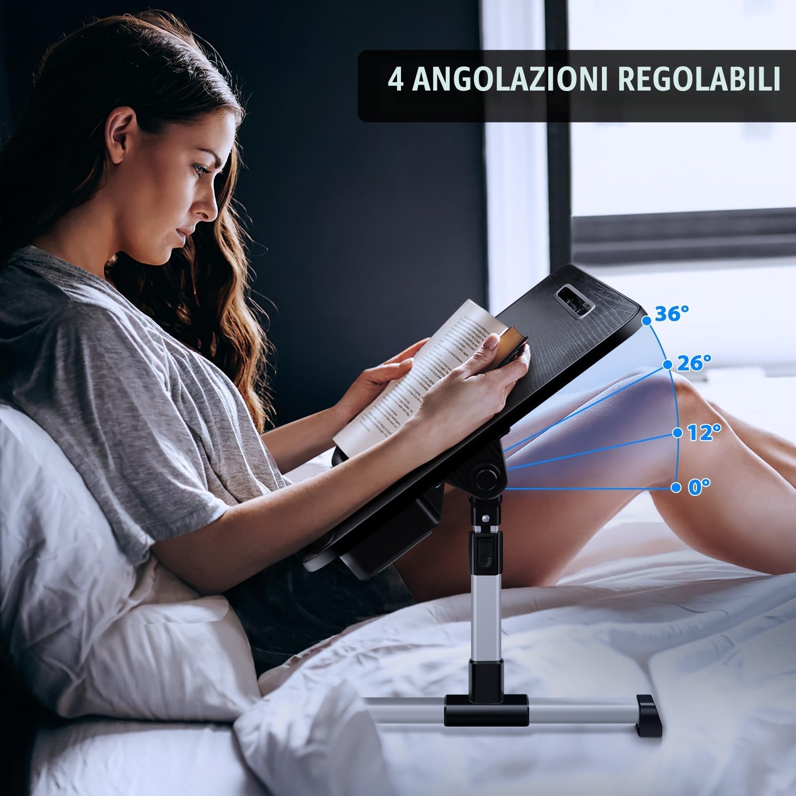 ICARE Tavolino da Letto, Regolabile in Altezza und Angolo, Scrivania da Letto con Ventola PC, Supporto per Tablet, Cassettiera, Tavolo per Letto, Divano, Pavimento (60 x 34 cm, Nero)
