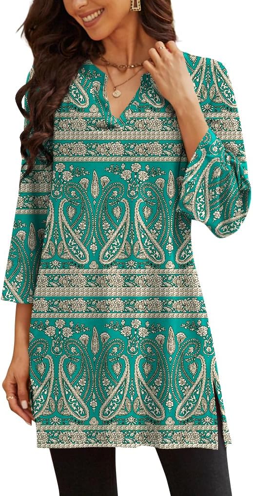 Poetsky Womens Tunic Tops 3/4 Bell Sleeve Loose Fit Tunics Dressy Casual Side Split Flare Top for Leggings S-3XL