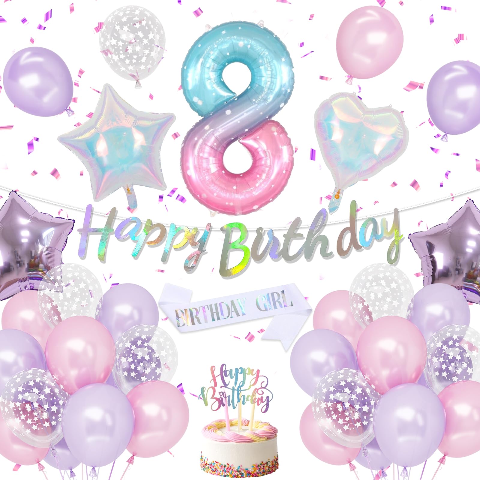 8th Birthday Decorations Girls - Pink Purple Balloons