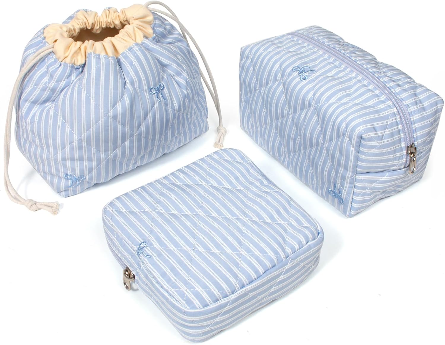 LETGO Cotton Quilted Drawstring Makeup Bag Set,3 Pcs Quilted Makeup Bag Set,Coquette Aesthetic Cute Travel Toiletry Bag,Drawstring Gift Bag Purse Pouch for Women and Girls. (3Pack-Blue double stripe)