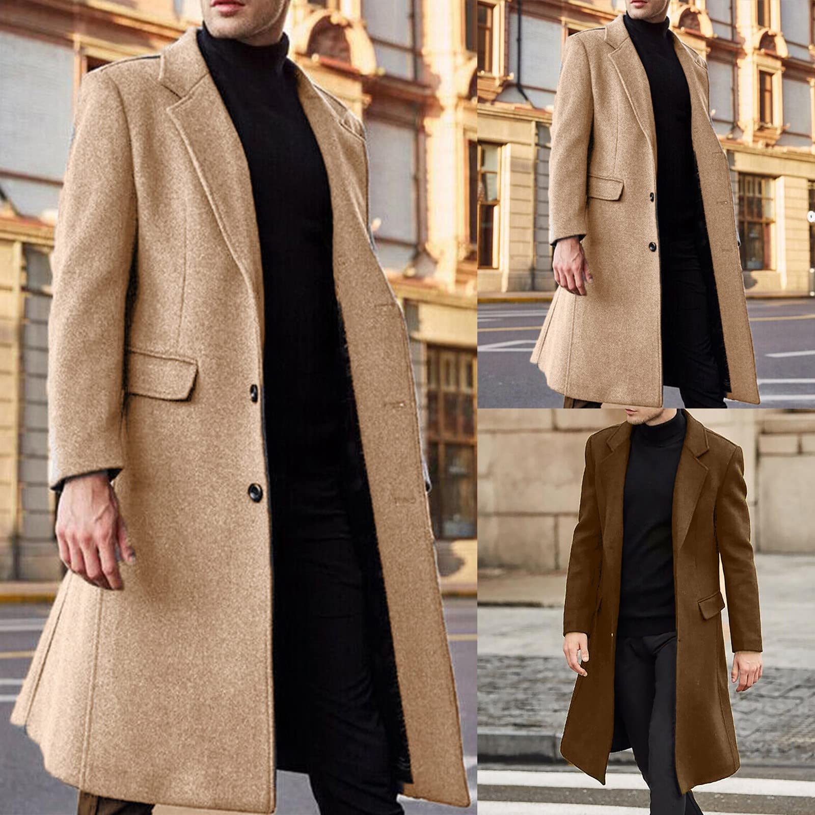 Cappotto da uomo in misto lana cammello, elegante giacca invernale monopetto, classico cappotto lungo per abbigliamento da lavoro e formale, look caldo e sofisticato, materiale misto lana di alta