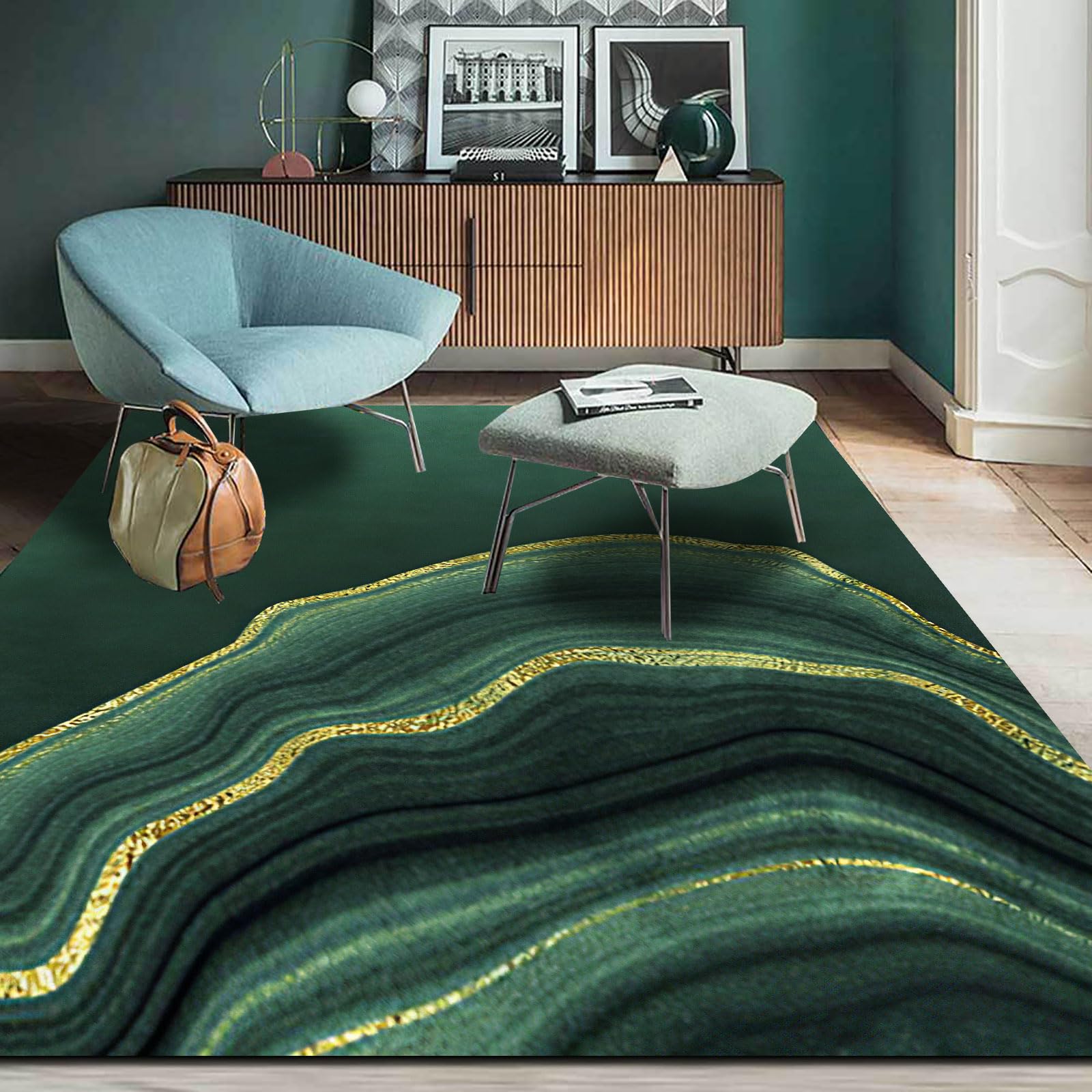 Tapis poils ras vert abstrait 110x190 cm lavable et antidérapant pour salon et cuisine