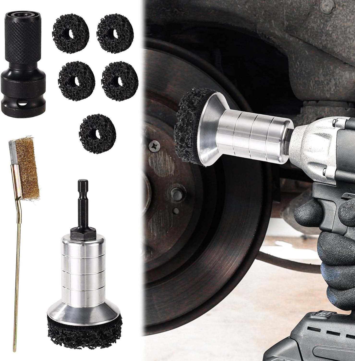 Car Wheel Hub Cleaning Kit, Wheel Hub Stud Cleaner Removal Tool with 1 Grinding Head 5 Grinding Pads 1 Adapter & Wire Cleaning Brush