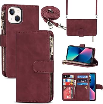 Crossbody Wallet for iPhone 14 / iPhone 13 Case with Strap,6.1",Burgundy
