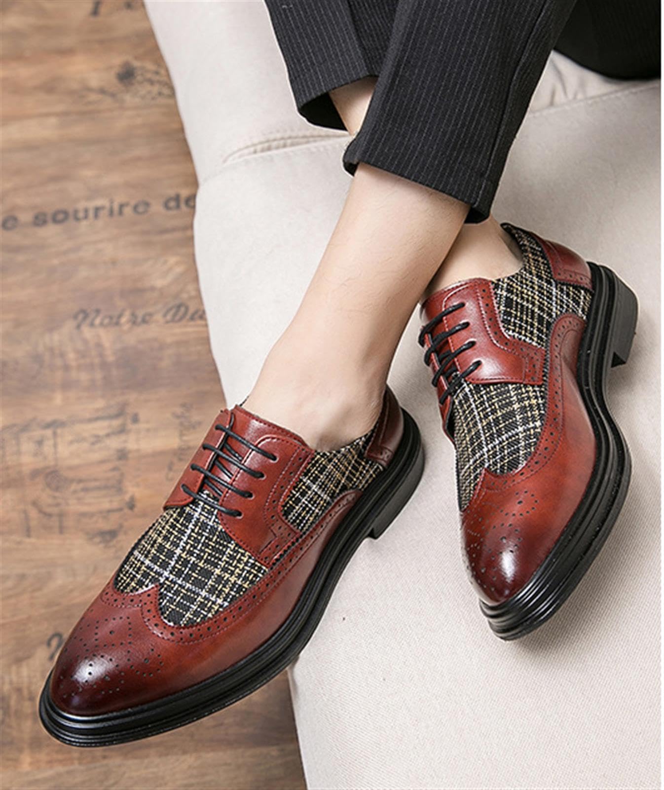 Herren Budapester Oxford Schuhe Klassische Lackleder Business Schuhe mit Kariertem Tweed Casual Festlich Hochzeit Elegant Derby