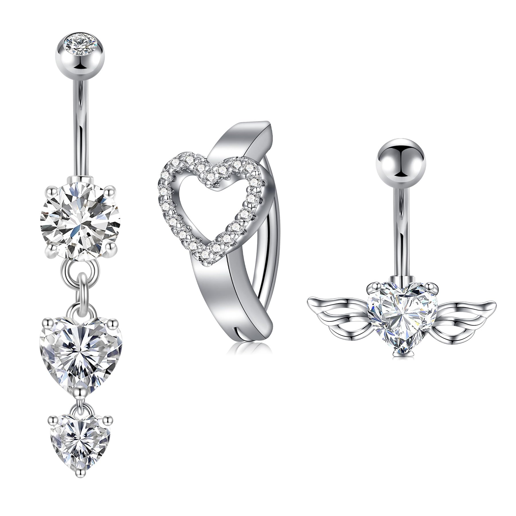 FECTAS 3pcs Piercing de ombligo 10mm acero quirúrgico ombligo joyas perforadas mariposa en forma de corazón oro