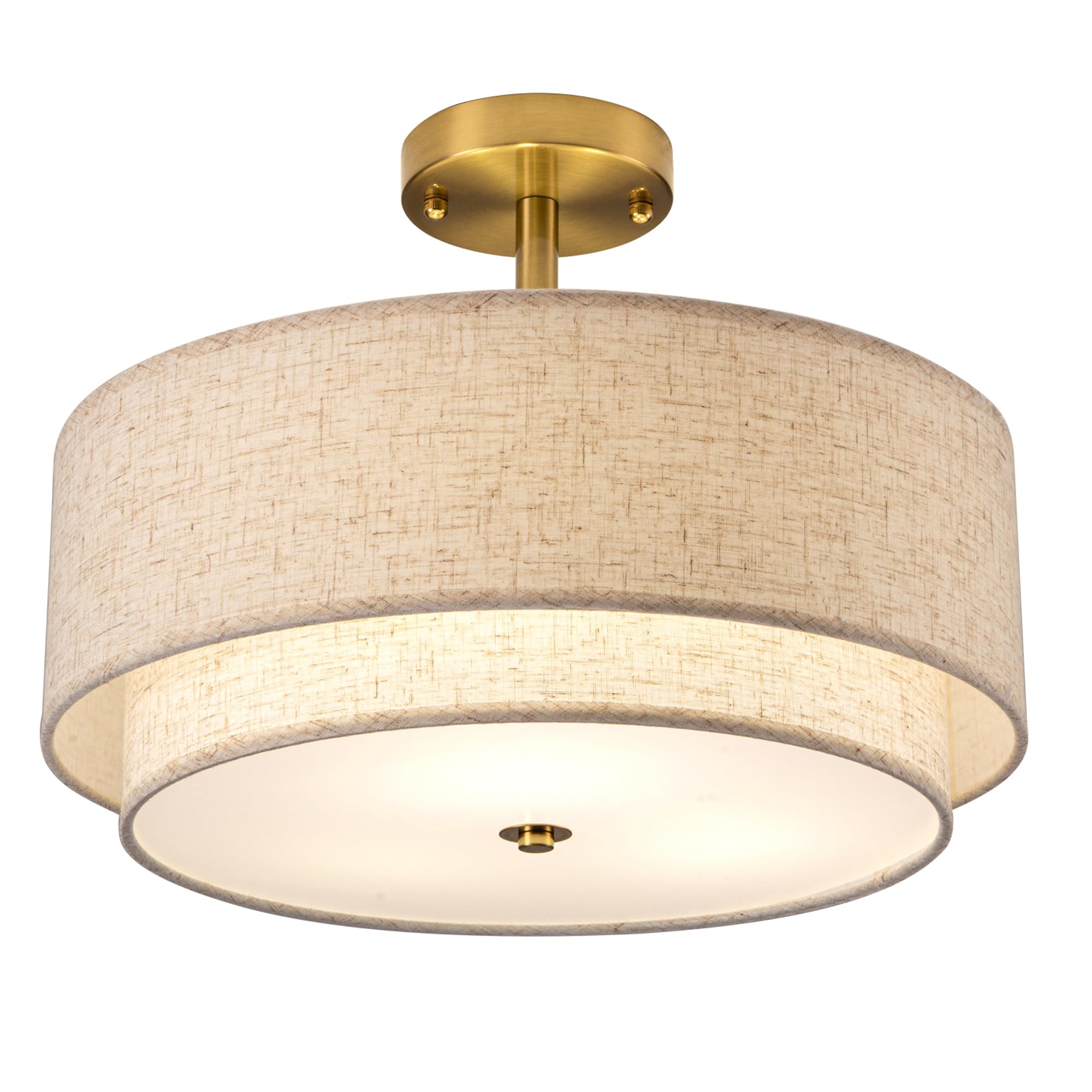 16" Semi Flush Mount Ceiling Light Fixture,Modern Close to Ceiling Light, 3-Lights Gold Drum Ceiling Light with Linen Fabric Shade for Bedroom Living Dining Room Hallway Entryway Foyer