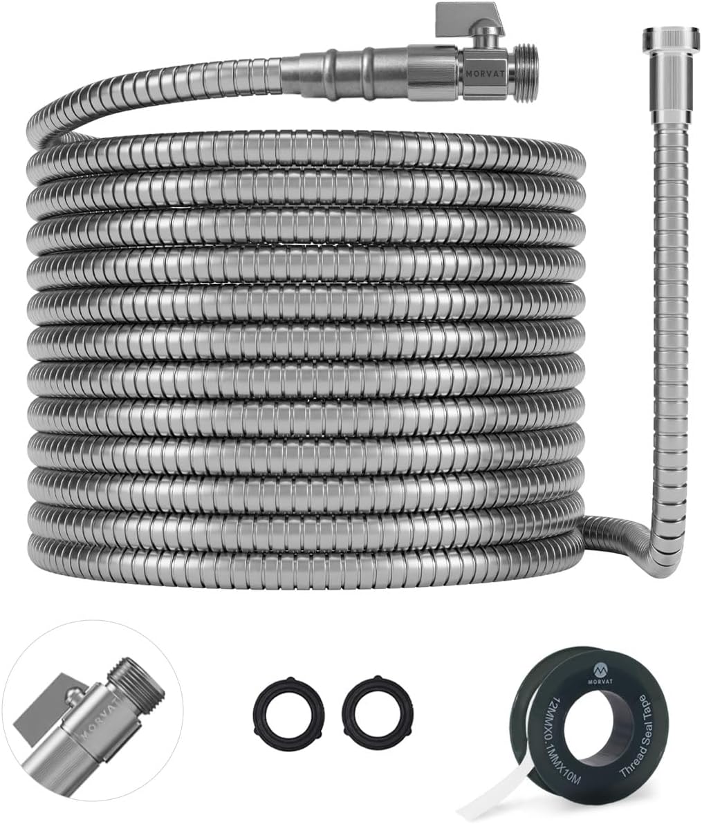 Morvat 50ft Stainless Steel Garden Hose Metal with Brass ON/OFF Valve, Heavy Duty for Nozzle, Water, Yard & Outdoor, Lightweight No-Kink, Crush & Puncture Resistant, Roll of Teflon Tape & 3 Washers