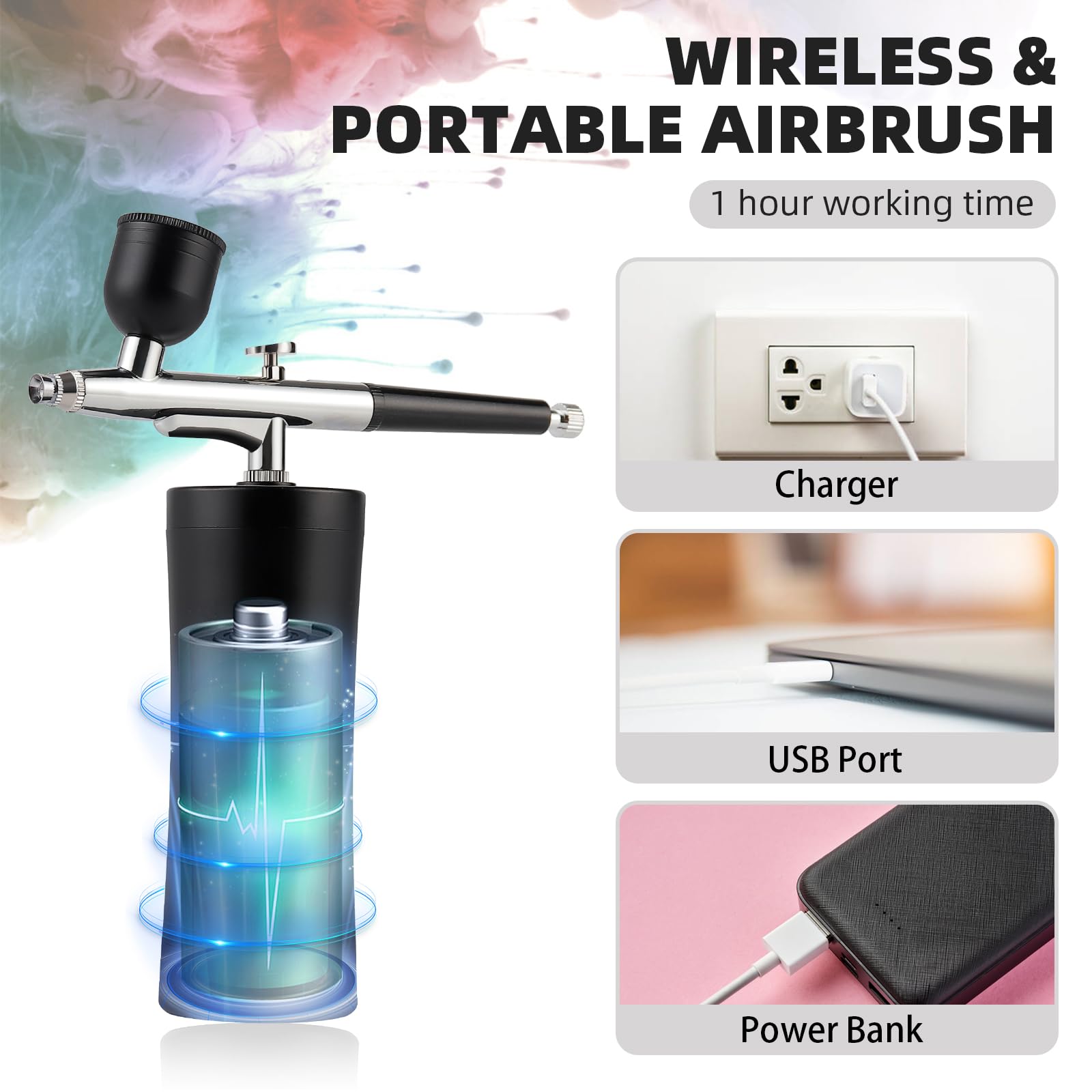 Draadloze Airbrush-set, draagbare mini-luchtborstelset met compressor en voedingsdisplay, 28 PSI hogedruk-airbrushset met USB-opladen voor schilderen, tatoeage, make-up, taartdecoratie - wit