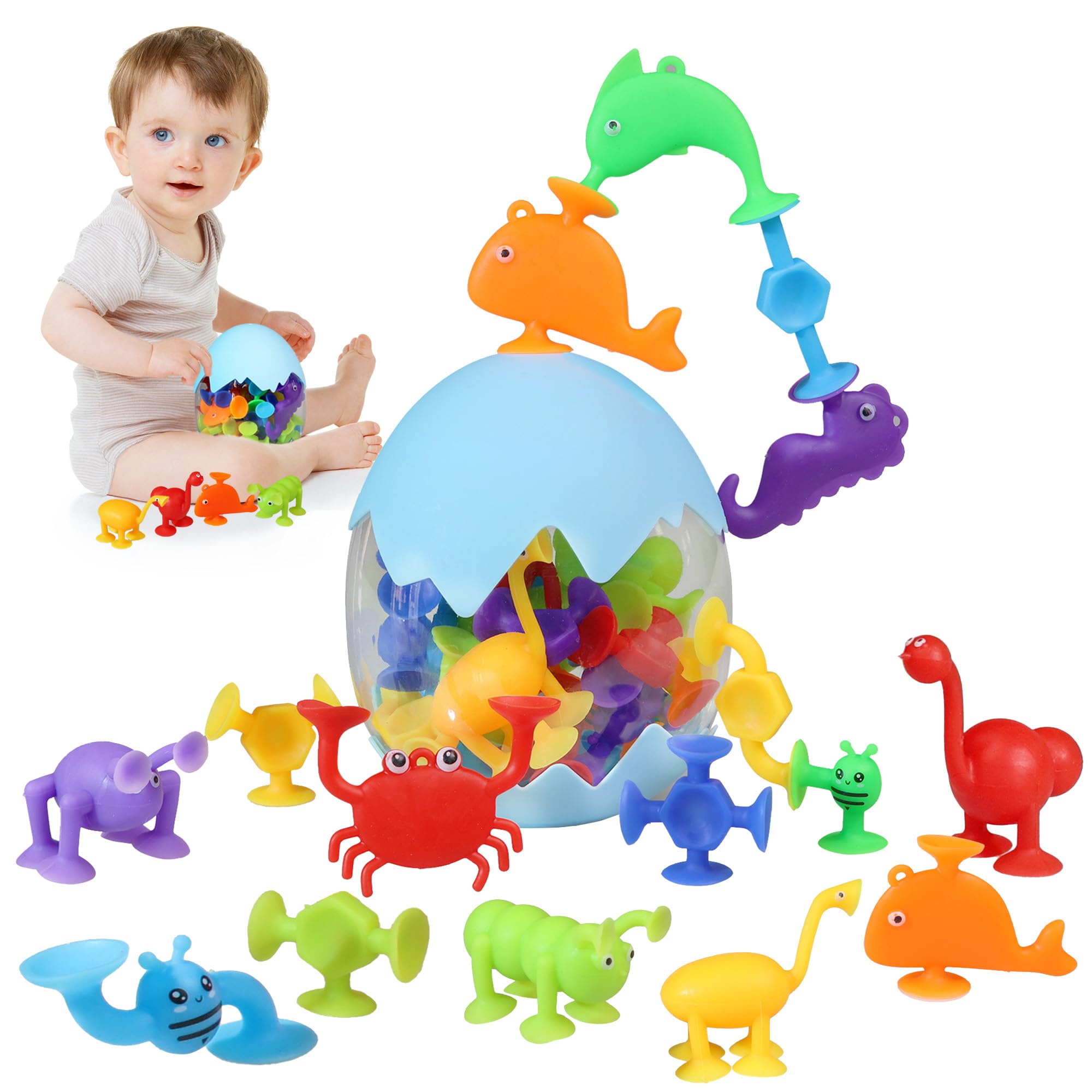 JoySprout Suction Bath Toys, 30pcs Ocean Animal Suction Cup Toys for Toddlers in Eggshell, Mold Free Bath Toys for Kids, Kids Toys Sensory Toys for Pre-School Learning