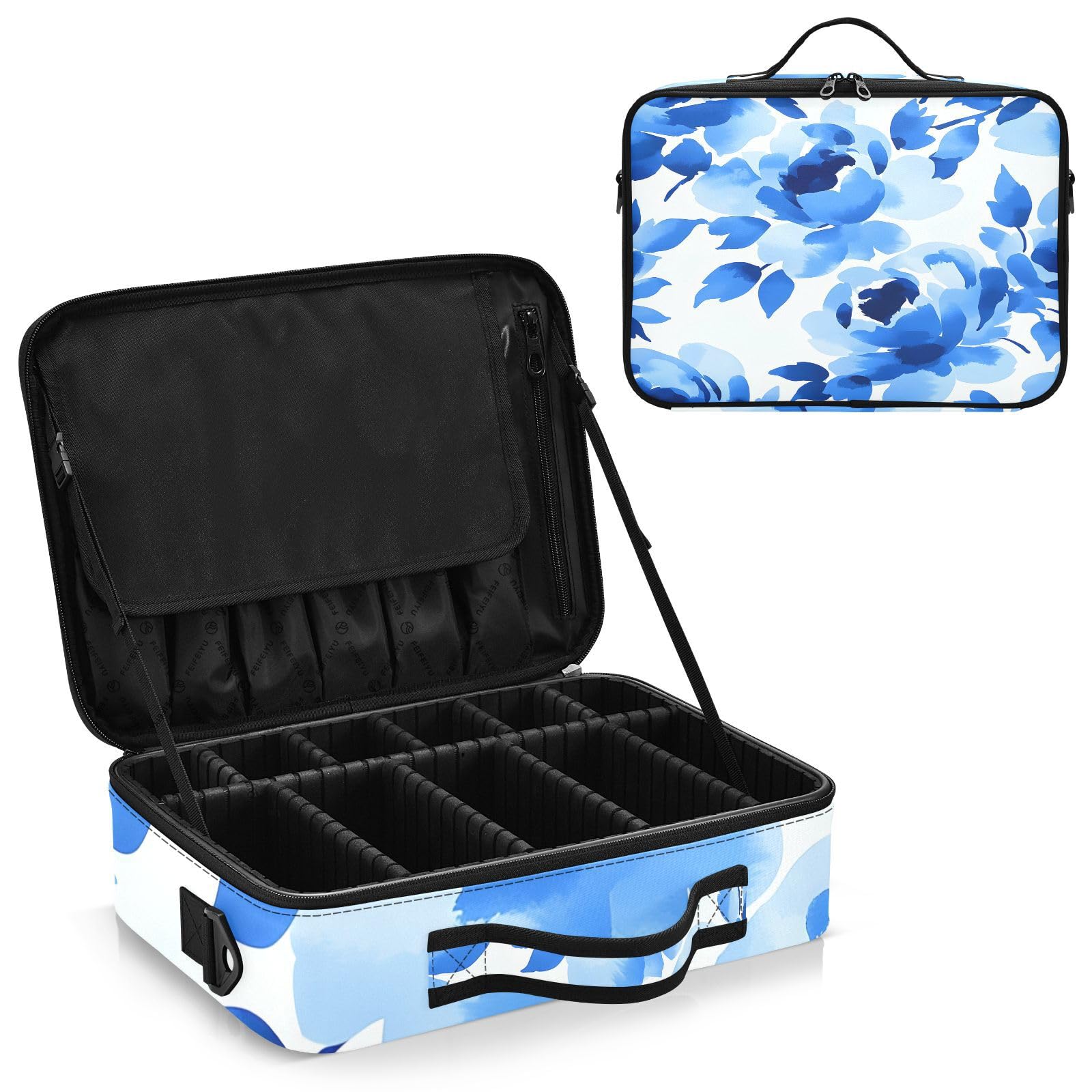 Travel Makeup Train Case Flower Blue Leaves Watercolor Pattern Cosmetic Organizer Portable Storage Bag with Adjustable Dividers for Cosmetics Brushes Toiletry Jewelry Digital Accessories