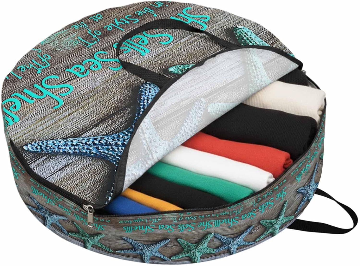 Blue Green Starfish Round Storage Bag 36 Inch, Coastal Ocean Farmhosue Wood Plank Clothes Storage Container with Handles Heavy Duty Organizer for Comforter, Bedding & Holiday Wreaths